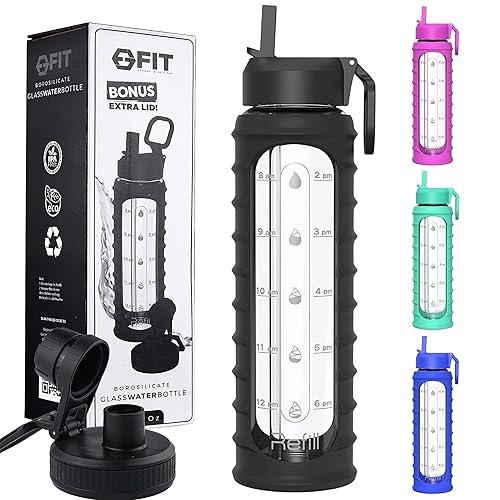 32 Oz Glass Water Bottle With Straw Lid, Time Marker, Sleeve & Extra Lid - Motivational, Wide Mouth, Large Bpa-Free 1 Liter Glas